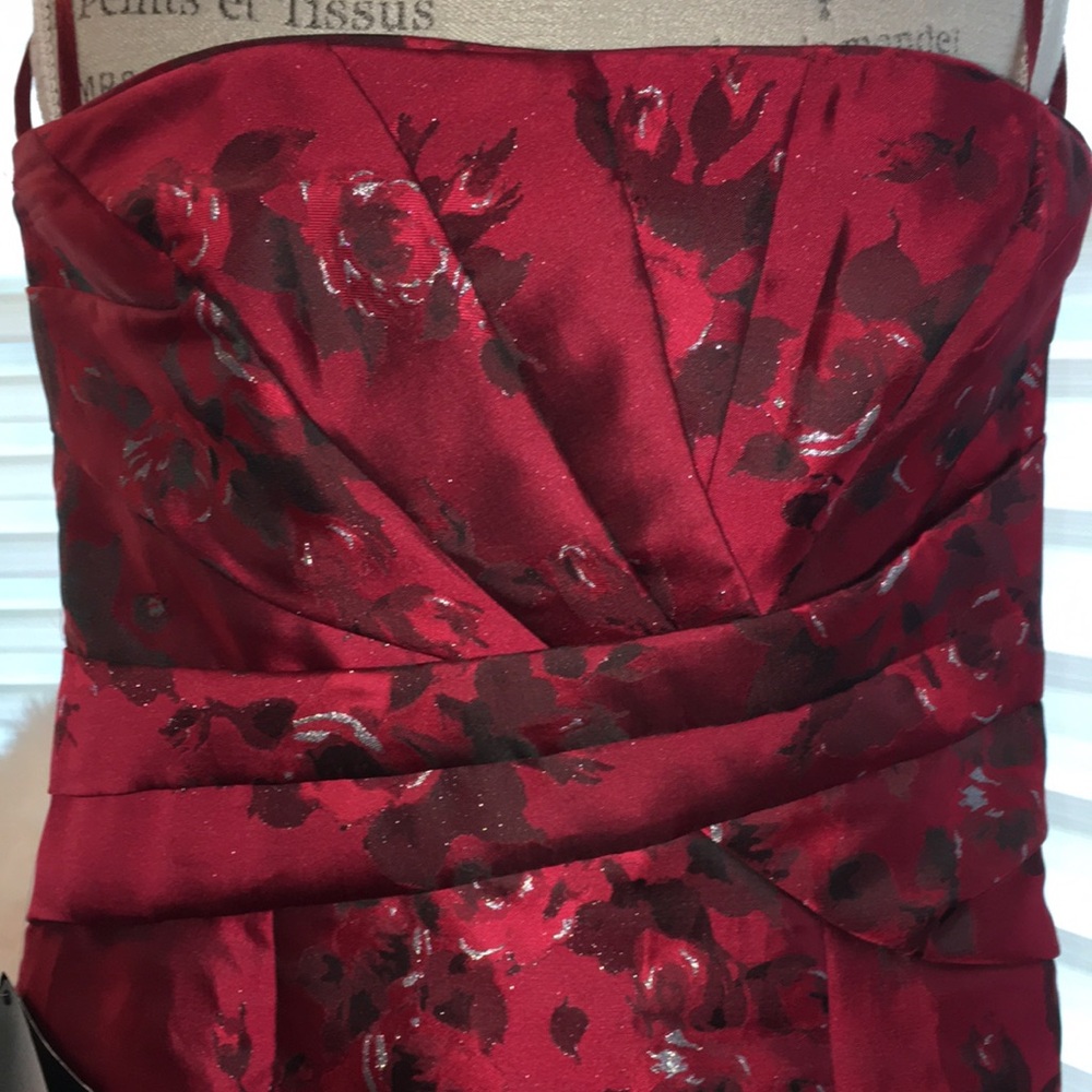 WHBM DARK RED PRINT FLORAL JAQUARD LINED RUCHED BUSTIER TOP SHEATH DRESS NWT